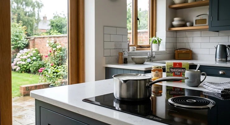 A polished stainless steel milk pan with a pouring spout resting on a modern kitchen hob.