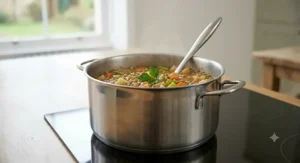 A close-up of a steaming stainless steel saucepan on an induction hob, garnished with fresh herbs.