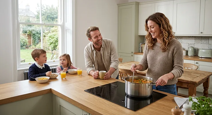 Family laughing in a bright, modern British kitchen while cooking with a professional stainless steel saucepan on an induction hob.