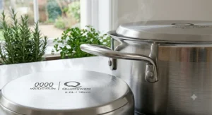Close-up of a stainless steel saucepan base showing induction compatibility and capacity markings.