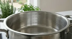 Polished, empty stainless steel saucepan with clear internal litre measurement markings for precise cooking.