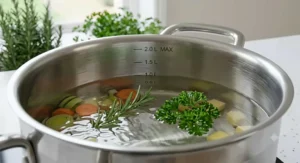 Interior view of a stainless steel saucepan containing water, vegetables, and herbs, clearly showing measurement markings.