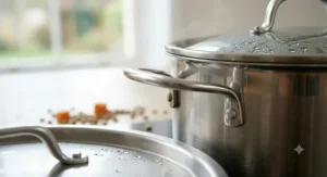 Detail view of the sturdy, riveted handle and tempered glass lid of a stainless steel saucepan with condensation.