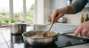 A close-up demonstrating the engineered stay-cool technology on the ergonomic metal handle, ensuring safe handling on the hob.