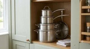 Complete five-piece stainless steel cookware set neatly stacked inside a British kitchen cupboard for space-saving storage.