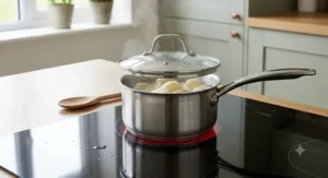 Close-up of a high-quality stainless steel saucepan boiling potatoes on a ceramic glass hob, illustrating even heat distribution.