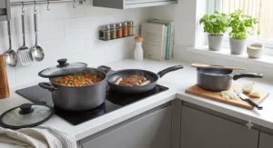 Affordable pan set designed for everyday family cooking in a British home kitchen.