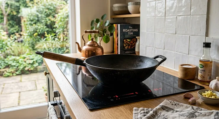 A premium heavy-duty cast iron wok sitting on a modern British induction hob in a home kitchen.