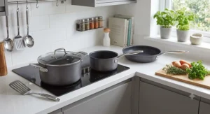 Professional-grade hard anodised pan set with riveted stainless steel handles.