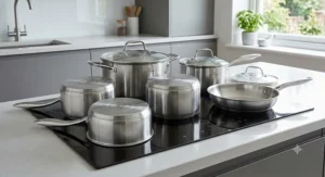 Induction compatible pan set with heavy magnetic bases resting on a sleek glass hob.