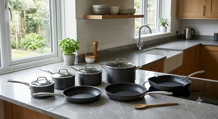 Complete multi-piece non-stick pan set arranged neatly on a modern kitchen worktop. non-stick pan sets