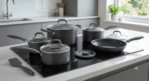 Durable non-stick pan set including frying pans and saucepans with heat-resistant handles.