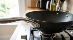 Close-up view of a professional-grade non-stick wok featuring a sturdy helper handle for easier lifting.