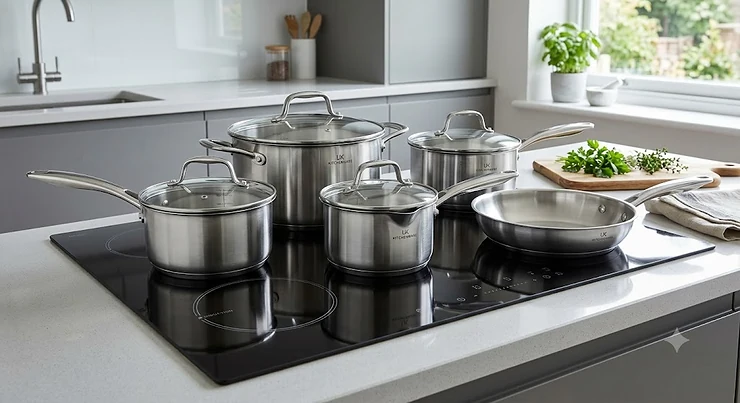 A premium five-piece pan set displayed on a modern British kitchen induction hob. best pan sets