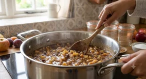 Preparing a batch of homemade chutney using a wide-diameter preserving pan to speed up reduction