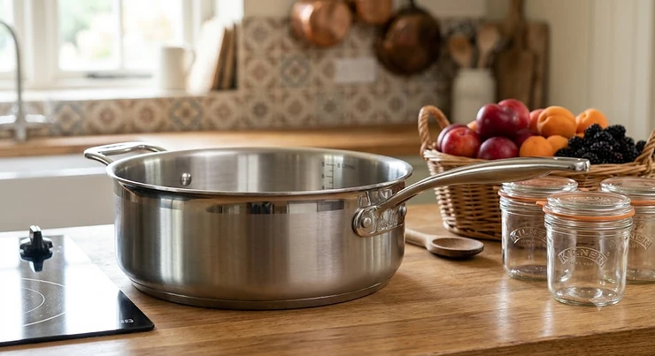 High-quality stainless steel preserving pan with a sturdy handle for making jams and marmalades