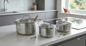 High-quality stainless steel pan set featuring three saucepans with clear glass lids.
