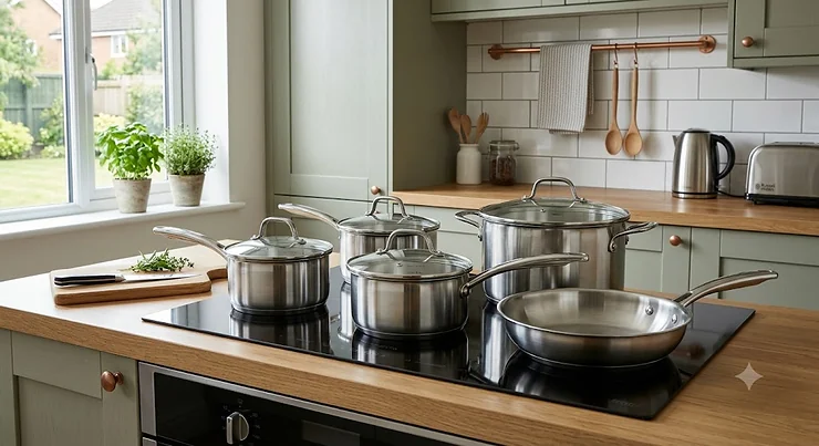Five-piece stainless steel pan set featuring saucepan, stockpot, and frying pan displayed on an induction hob in a modern British kitchen. stainless steel pan sets under £150