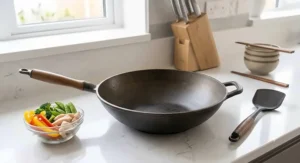 A versatile wok for induction hobs sitting on a kitchen worktop, representing the best choice for British homes.
