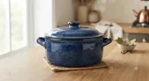 Rustic blue stoneware ceramic casserole dish suitable for slow-cooked stews and oven-to-table serving.