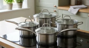 Three stainless steel saucepans with ergonomic stay-cool handles and clear toughened glass steam-vented lids.