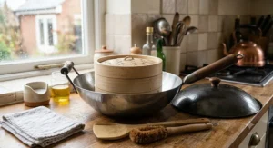A comprehensive carbon steel wok set including a bamboo spatula and steaming rack.