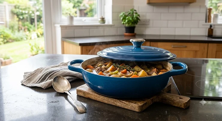 A high-quality cast iron casserole dish as a stylish and affordable Le Creuset alternative for a British kitchen.