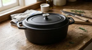 Heavy-duty cast iron oval casserole dish with a matching lid and side handles