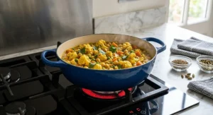 A durable enamelled cast iron round casserole dish sitting on a kitchen hob ready for cooking.
