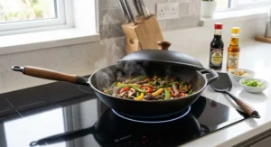 Traditional heavy-duty cast iron wok engineered to work effectively on modern induction hobs.