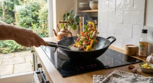 Sizzling chicken and colourful vegetable stir fry being tossed in a preheated cast iron wok.