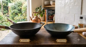 Side-by-side comparison illustration showing a thick cast iron wok next to a lightweight carbon steel wok.