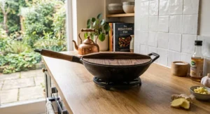 An authentic cast iron wok featuring heat-resistant wooden handles and a matching wooden lid.