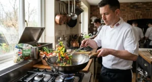 Professional chef stir-frying fresh British vegetables in a large carbon steel wok.