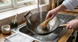The correct method for cleaning and maintaining a carbon steel wok to prevent rust.