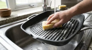 Wiping down a non stick griddle pan with a soft sponge and warm soapy water in the sink.
