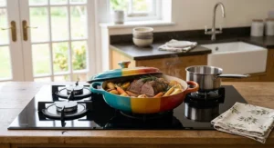 A vibrant, colourful casserole pan on a hob, providing a cost-effective Le Creuset alternative for Sunday roasts.