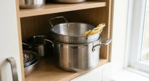 A compact pasta pot with strainer insert, designed to save space in smaller UK kitchen cupboards.