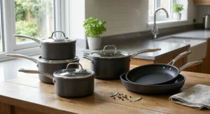 Full 5-piece non-stick pan set including frying pans, saucepans, and glass lids displayed on a table.