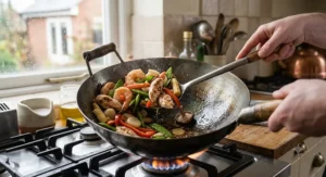 Close-up of ingredients cooking in a hot carbon steel wok for an authentic stir-fry.