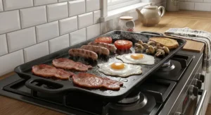 Full English breakfast with bacon, eggs, and tomatoes frying on a flat cast iron griddle pan