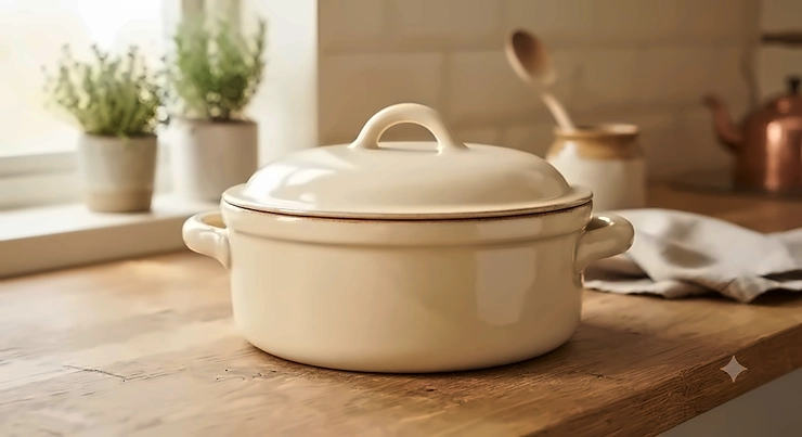 A classic cream-coloured ceramic casserole dish with a tight-fitting lid on a wooden kitchen worktop.