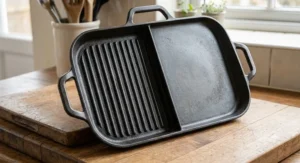 Close-up showing the textured ridges and flat surface on a double-sided reversible griddle pan