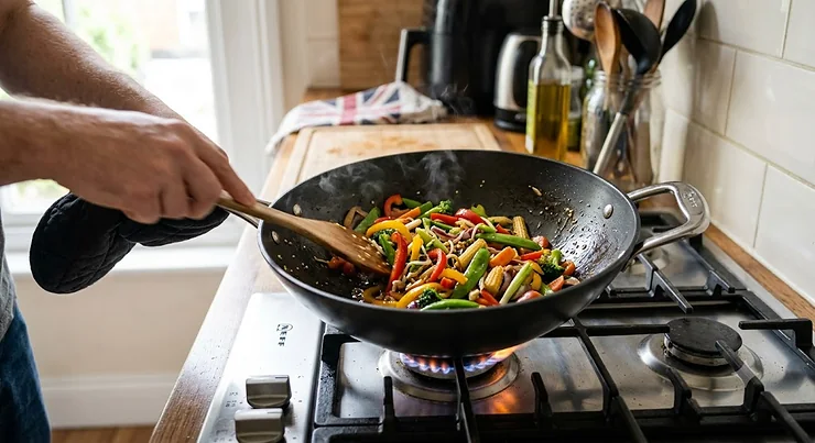 A high-quality, durable non-stick wok being used to cook a colourful vegetable stir-fry on a gas hob.