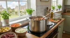 A durable stainless steel stockpot, perfect for preparing large family meals and batch cooking.
