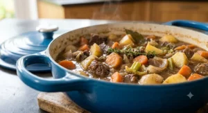 Close up of an enamelled cast iron Dutch oven, a perfect Le Creuset alternative for slow-cooking traditional British stews.