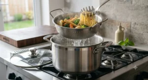 Large family-size pasta pot with strainer, perfect for batch cooking Sunday roast accompaniments or pasta dishes.
