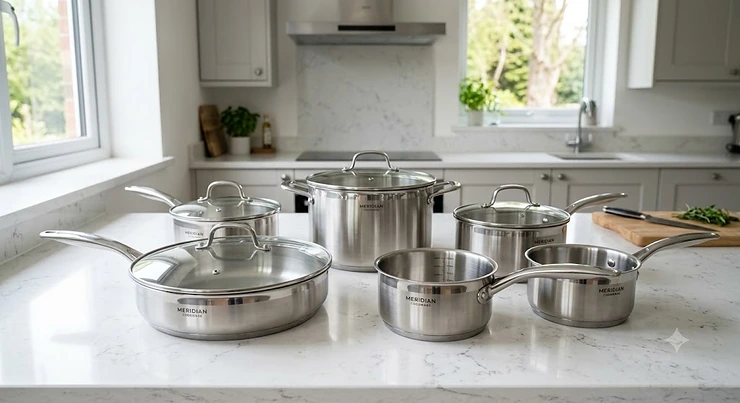 Five piece stainless steel pan set arranged on a modern quartz kitchen countertop. stainless steel pan sets