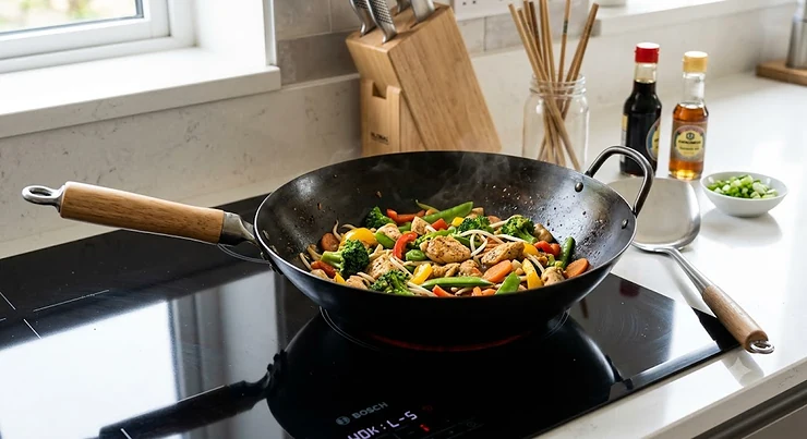 A high-quality carbon steel flat bottom wok specifically designed for use on an induction hob.