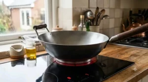 A durable flat-bottom carbon steel wok designed for efficient use on induction hobs.